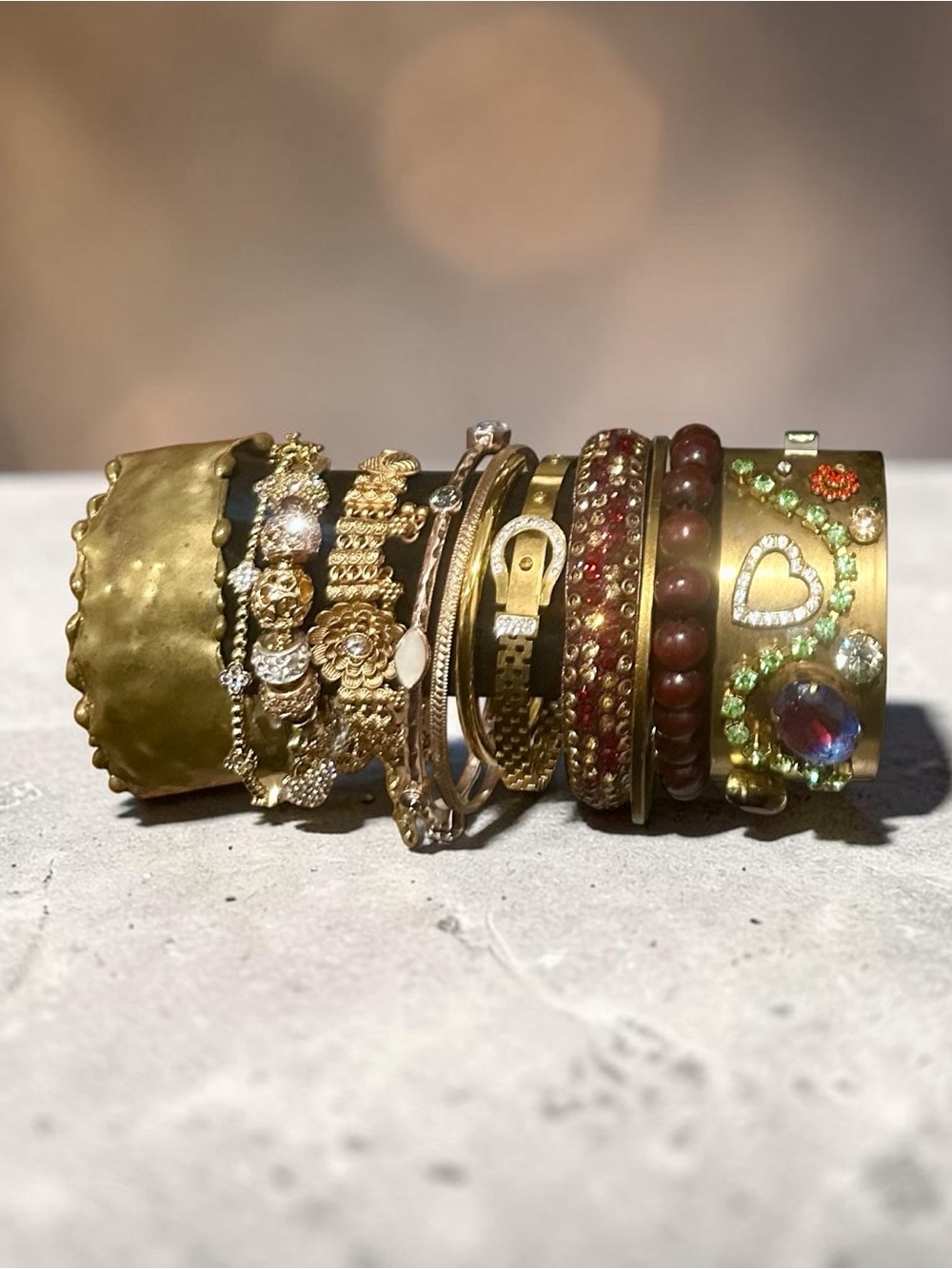 Gold Tone Mixed Bracelet Stack Multicolor Rhinestone Beaded Cuff Set Boho